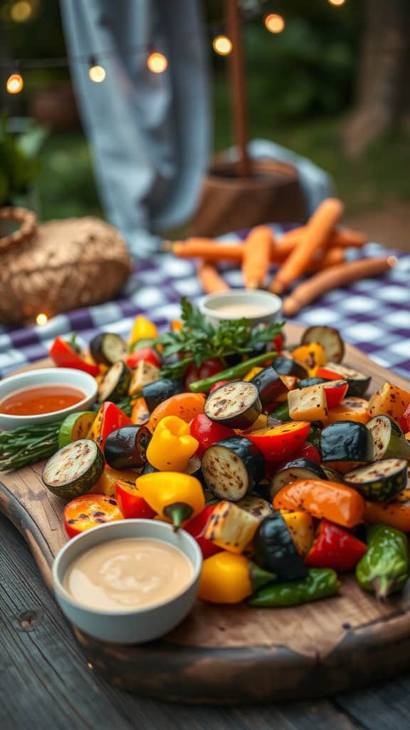 A colorful assortment of grilled vegetables on a wooden platter with dips.