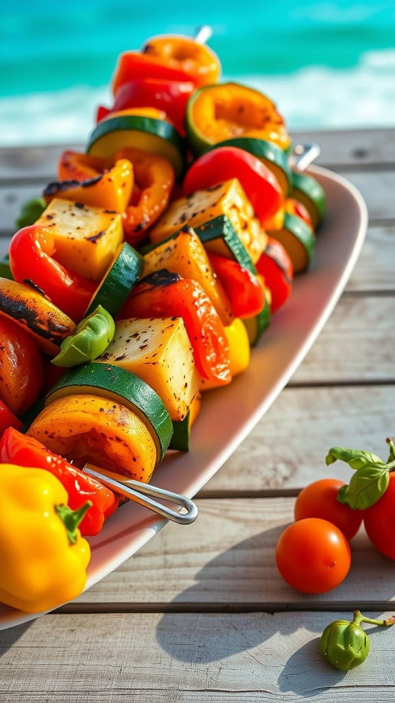 Grilled veggie skewers with colorful peppers, zucchini, and mushrooms on a platter.