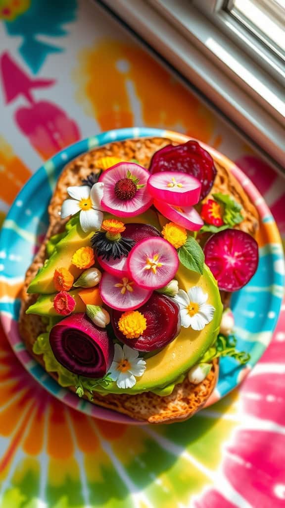 Groovy avocado toast topped with colorful vegetables and flowers on a tie-dye plate.