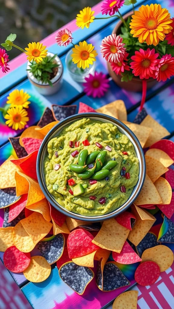 A bowl of guacamole surrounded by colorful rainbow tortilla chips.