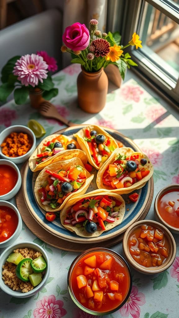 Colorful mini tacos served with fresh salsa and toppings