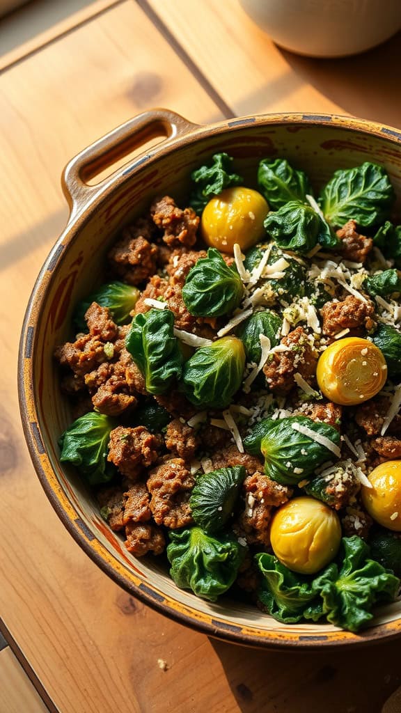 A hearty ground beef casserole with kale and Brussels sprouts