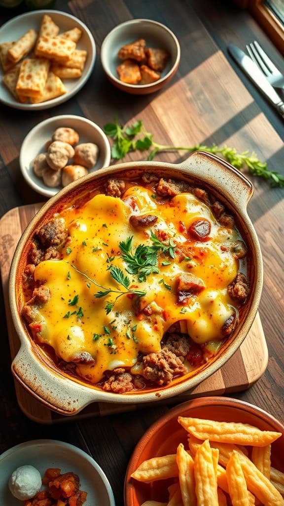 A creamy ground beef casserole topped with melted cheese, served with crispy fries and small bowls of snacks.