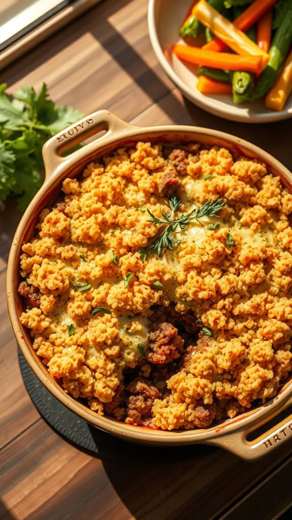 Ground beef casserole topped with panko breadcrumbs, served with fresh veggies.