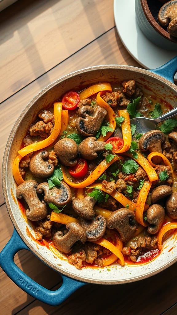 Ground beef casserole with mushrooms and colorful vegetables, garnished with fresh herbs.