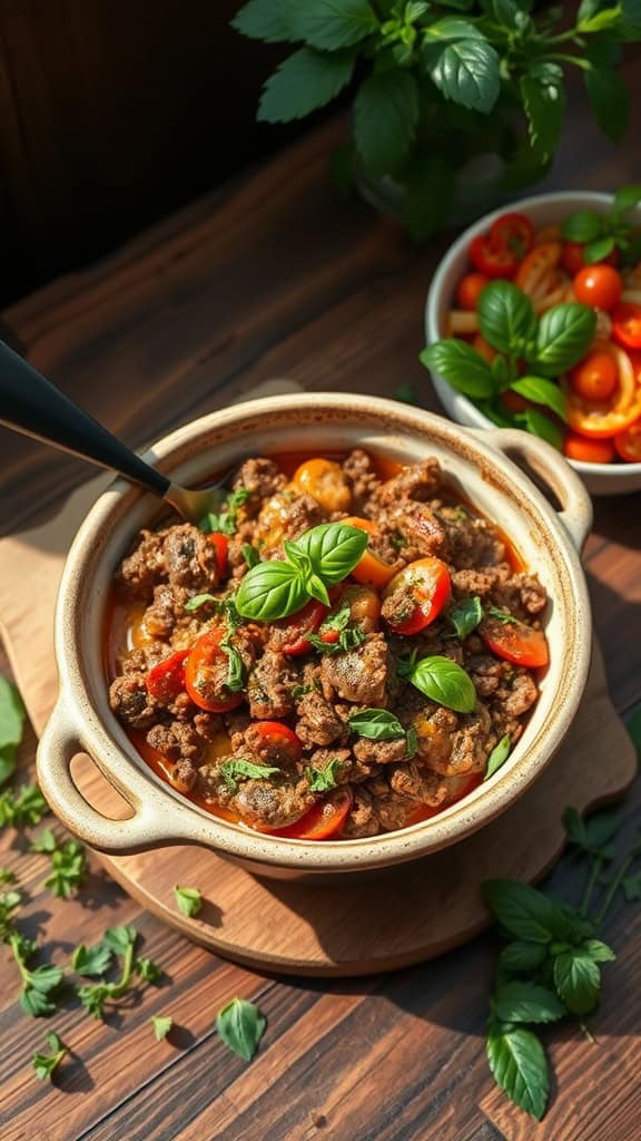 A vibrant ground beef casserole topped with fresh herbs and cherry tomatoes.