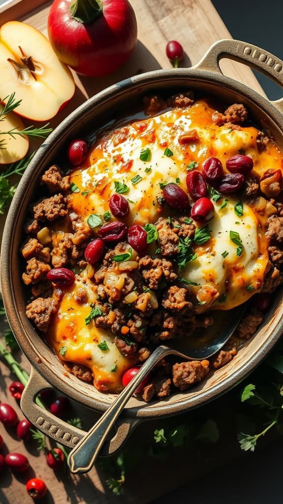 Ground beef casserole with cranberries and cheese, served in a dish with fresh ingredients around.