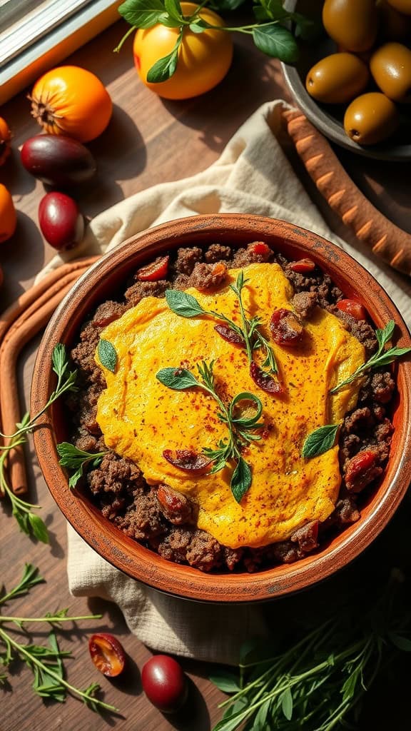 A delicious Moroccan-inspired ground beef casserole topped with saffron and herbs.