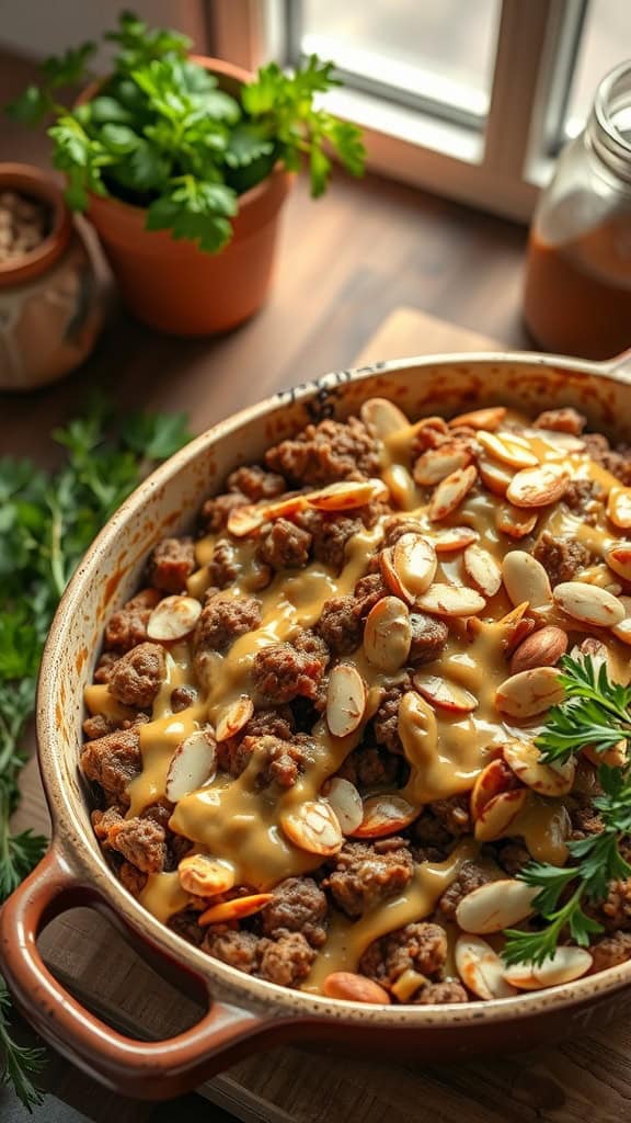 Ground beef casserole topped with toasted almonds and cheese