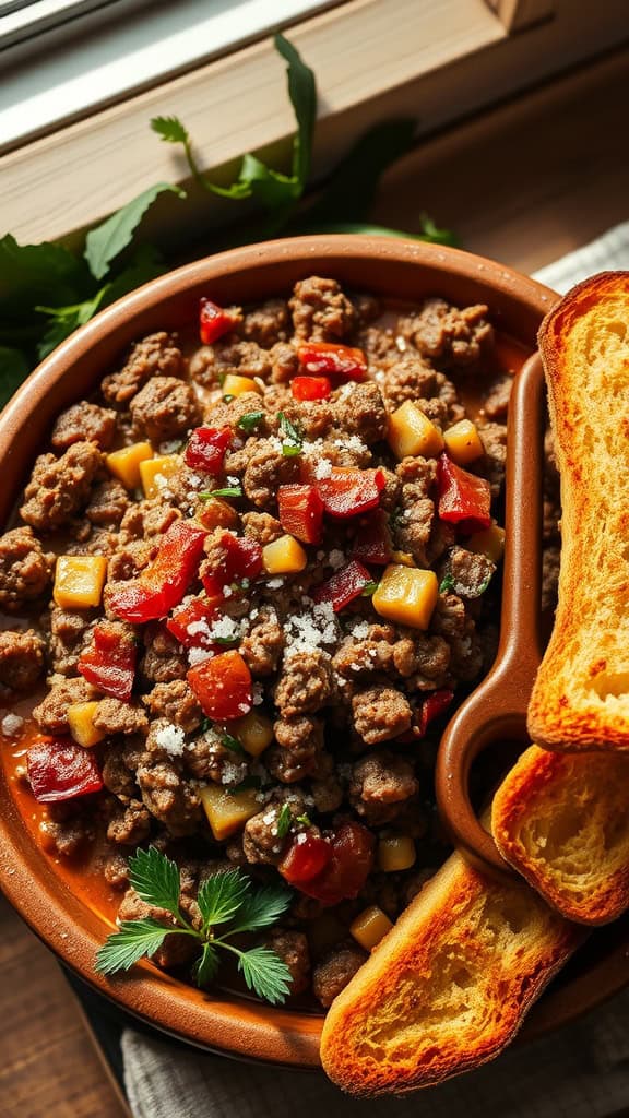 A hearty ground beef casserole topped with crispy bacon and sprinkled with sea salt, served with toasted bread.