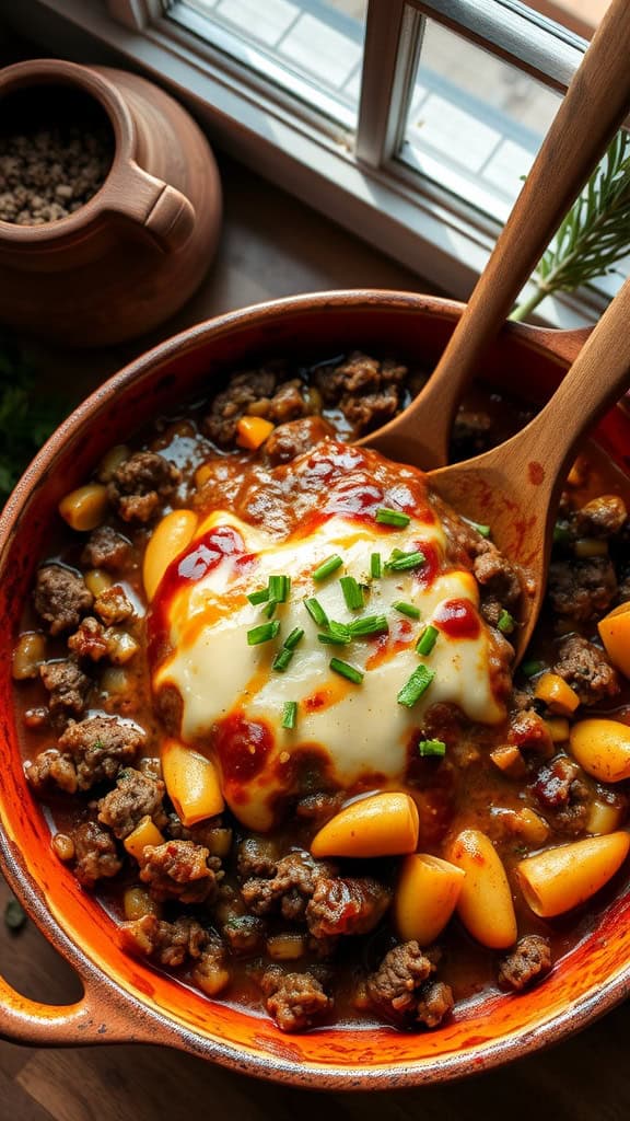 A delicious ground beef casserole topped with cheese and garnished with green onions.