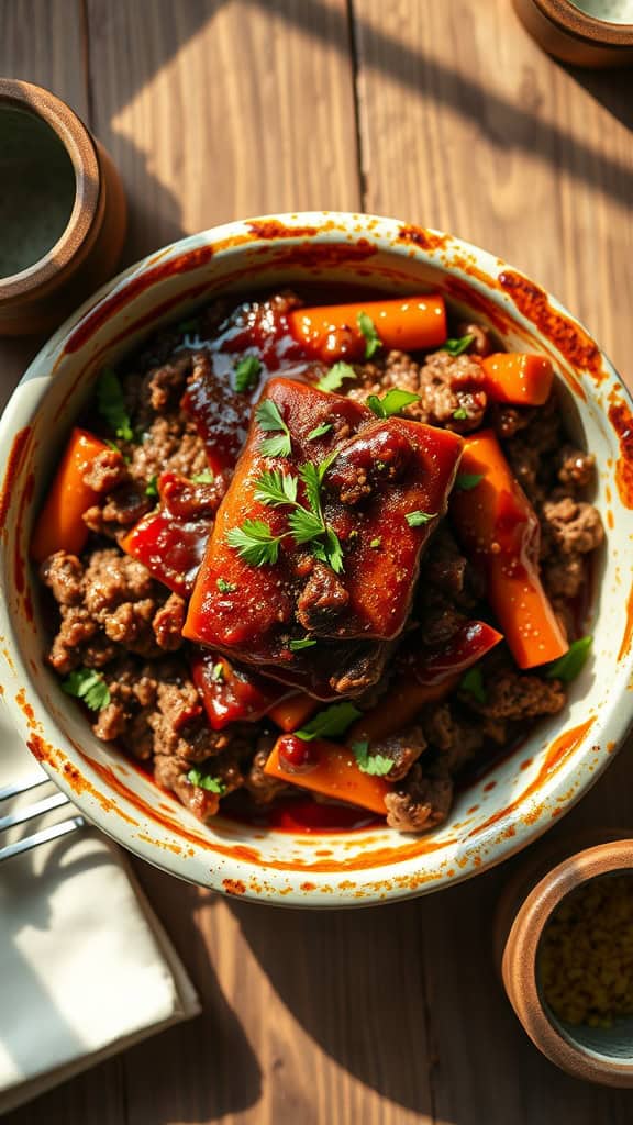 A hearty ground beef casserole topped with BBQ sauce and cilantro, served in a rustic dish.