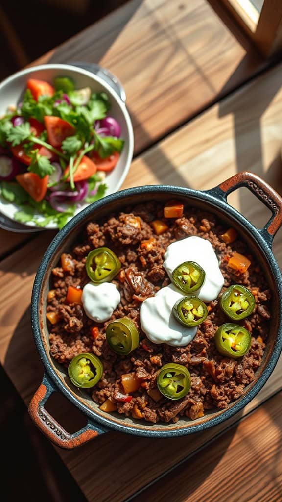 A hearty ground beef casserole topped with jalapeños and sour cream, served alongside a fresh salad.