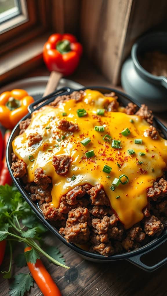 Ground beef casserole with chipotle peppers and cheese topping