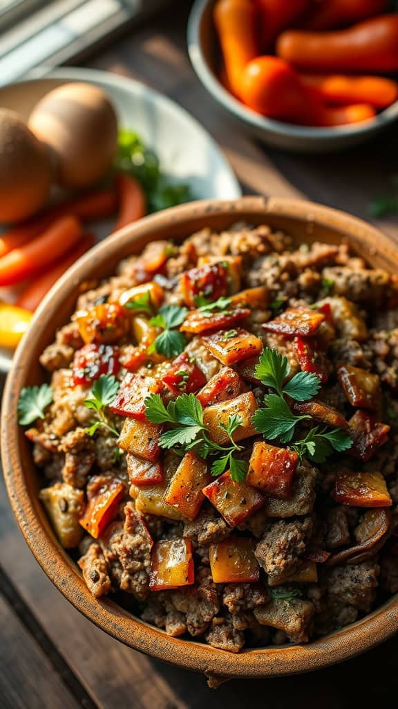 Ground beef casserole with honey-drizzled bacon and colorful vegetables