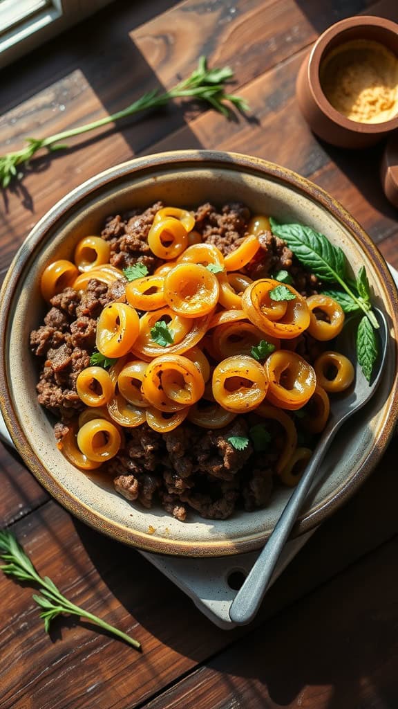 Ground beef casserole with caramelized onions and honey topping.