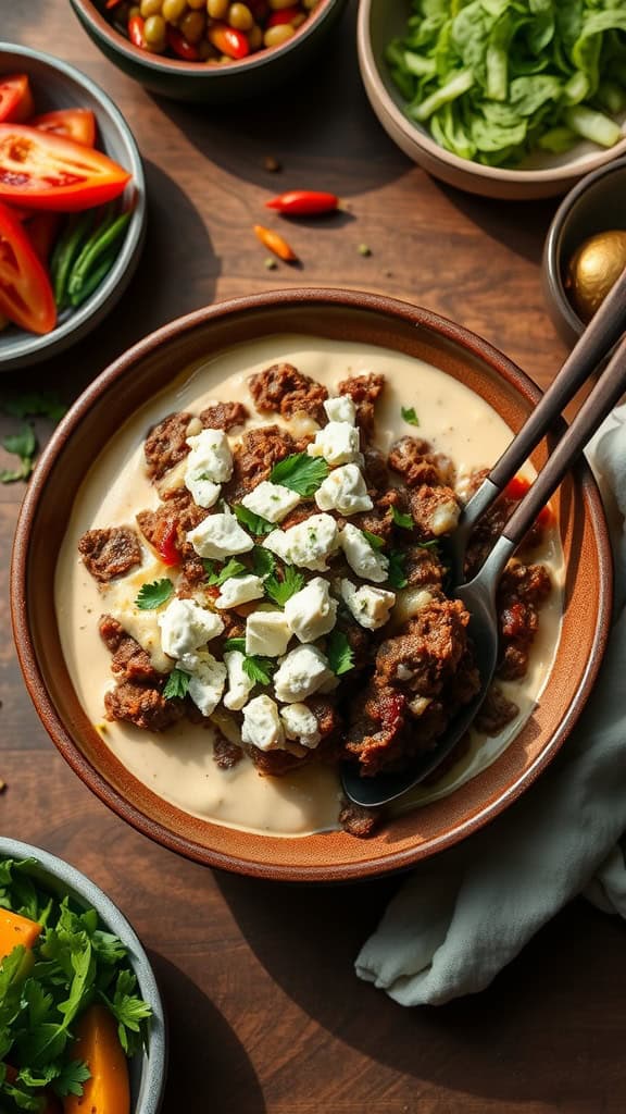 Ground beef casserole topped with feta cheese and surrounded by fresh vegetables