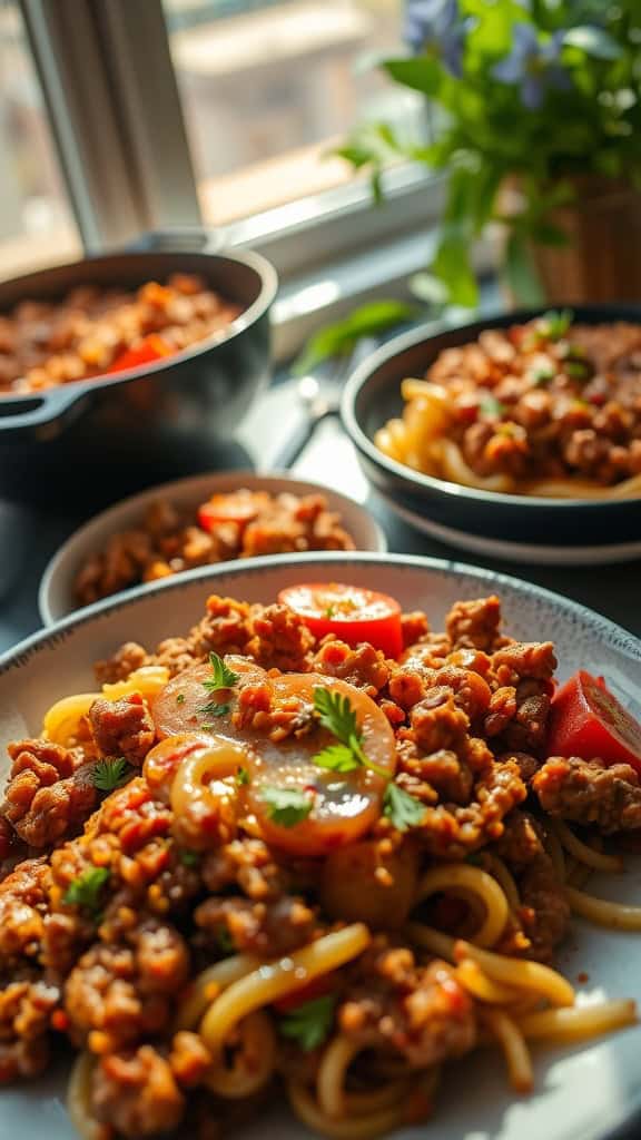 A delicious ground beef casserole served with pasta and vegetables.