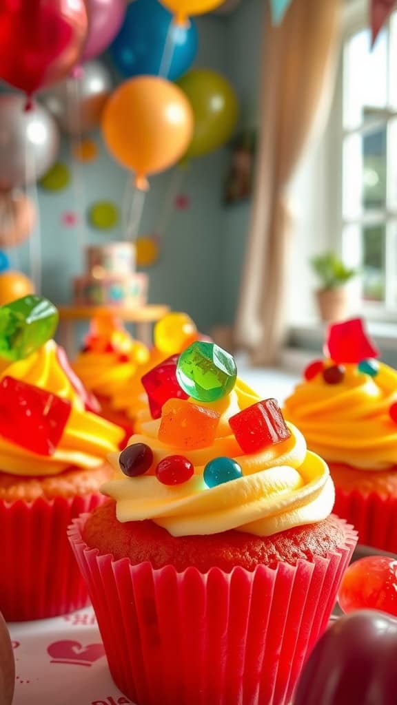 Colorful jelly-filled cupcakes topped with frosting and gummy candies.