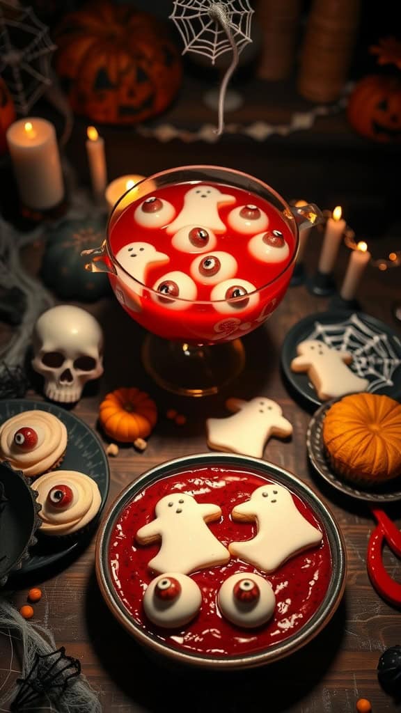 Halloween-themed bachelorette party food including ghost-shaped treats and a spooky punch.