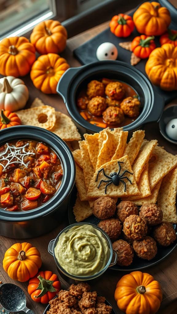 A spread of Halloween-themed crockpot food including pumpkin chili, tortilla chips, and avocado dip.