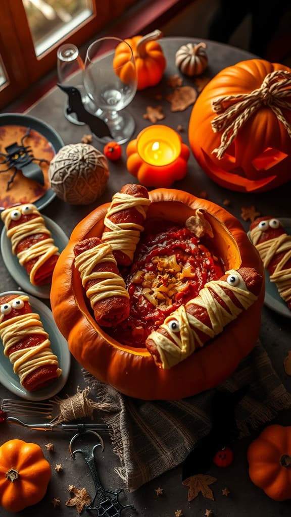 Mummy hot dogs served with a spooky dip for a Halloween dinner party.