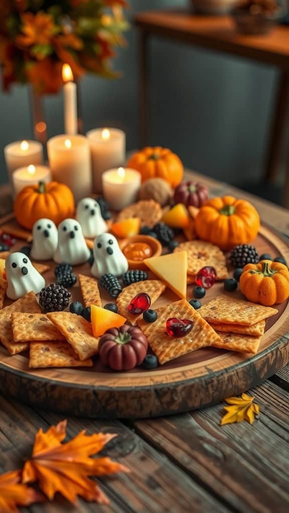 A colorful Halloween-themed snack board with crackers, cheese, ghost-shaped marshmallows, and mini pumpkins.