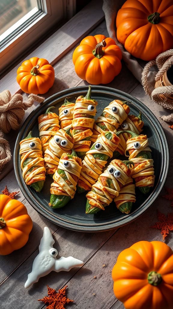 Mummy Jalapeño Poppers on a plate, decorated for Halloween