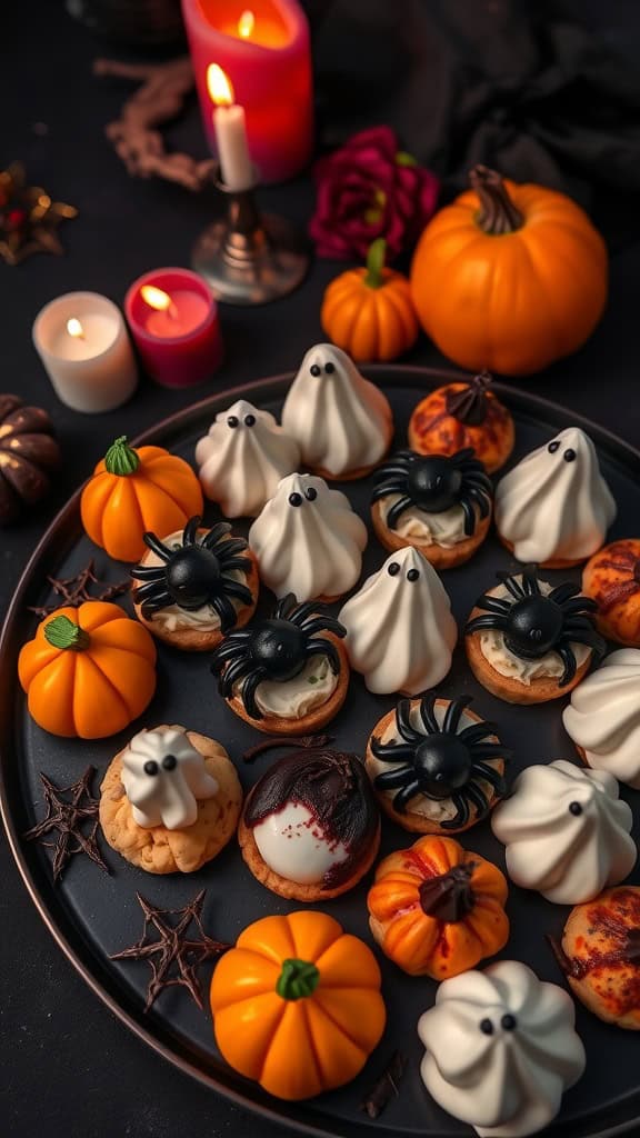 A variety of Halloween-themed desserts including ghostly meringues and pumpkin-shaped cookies, perfect for a party.