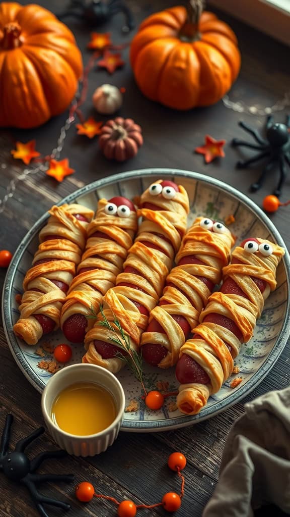 Mummy hot dogs wrapped in pastry on a plate