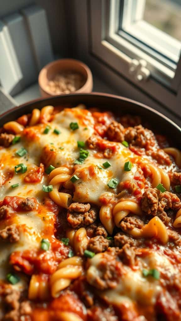 A delicious hamburger casserole with pasta and melted cheese, served in a baking dish.