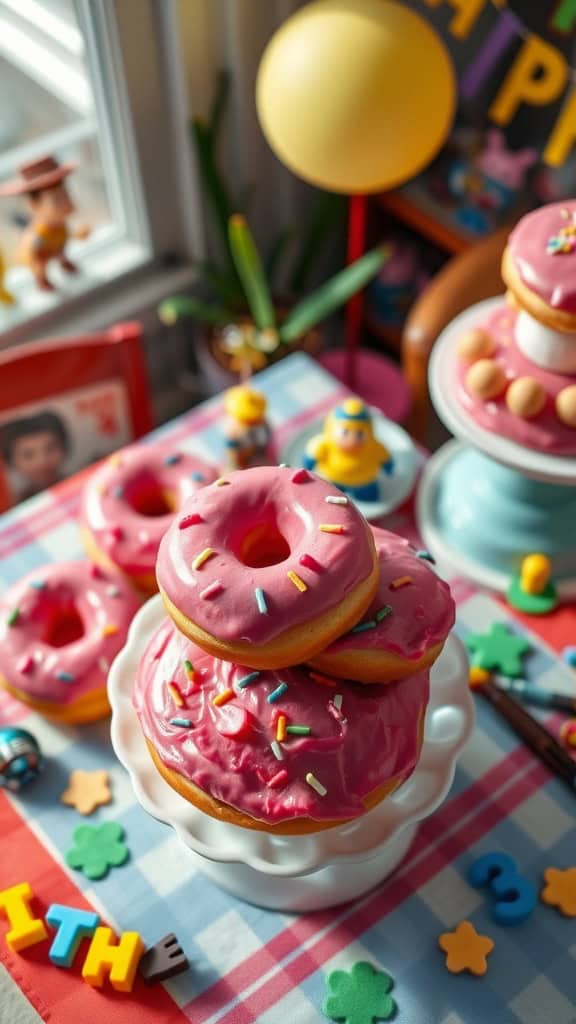 Delicious pink donuts with colorful sprinkles