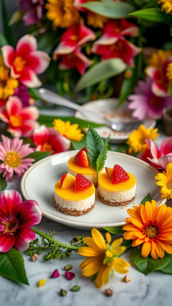 Tropical passionfruit cheesecake bites topped with strawberries on a plate surrounded by colorful flowers.