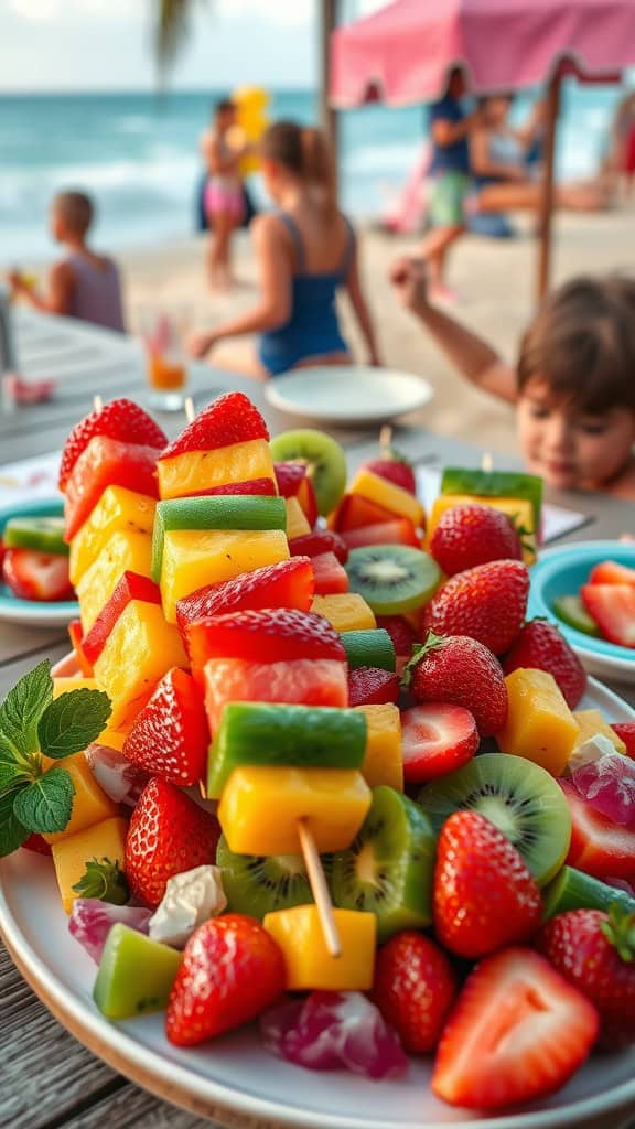 Colorful fruit kabobs with pineapple, strawberries, kiwi, and watermelon on skewers.