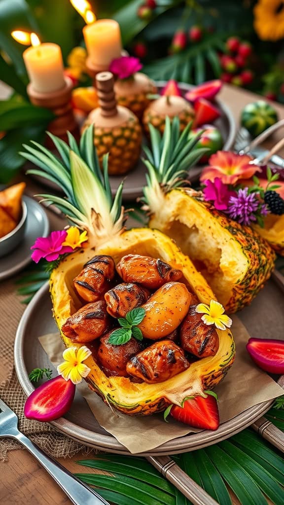 Teriyaki chicken served in hollowed-out pineapples with colorful garnishes