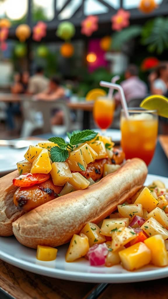 Delicious Hawaiian hot dogs topped with pineapple relish on a plate.