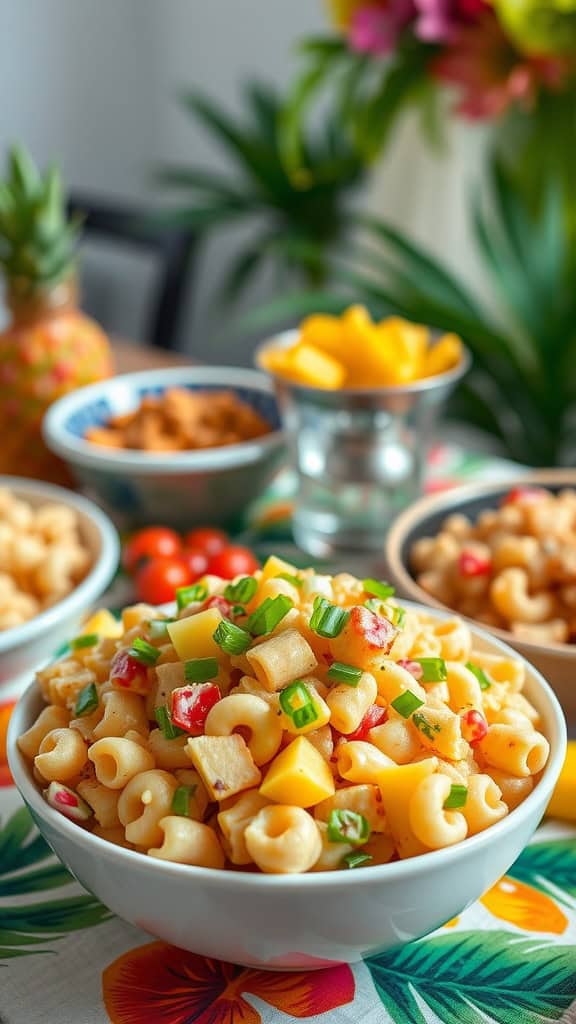 A bowl of Hawaiian macaroni salad with colorful ingredients, perfect for a luau party.