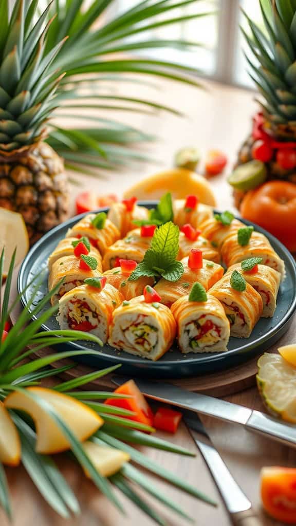 A colorful plate of Hawaiian Spam Musubi Bites garnished with green onions and sesame seeds.