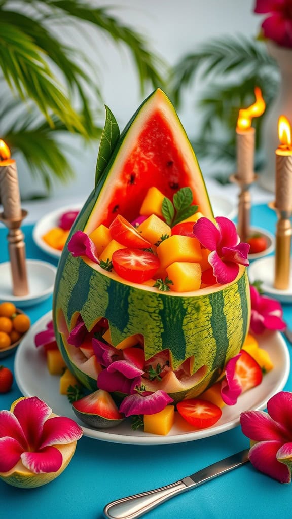 A vibrant watermelon shark bowl filled with tropical fruits and decorated with flowers.