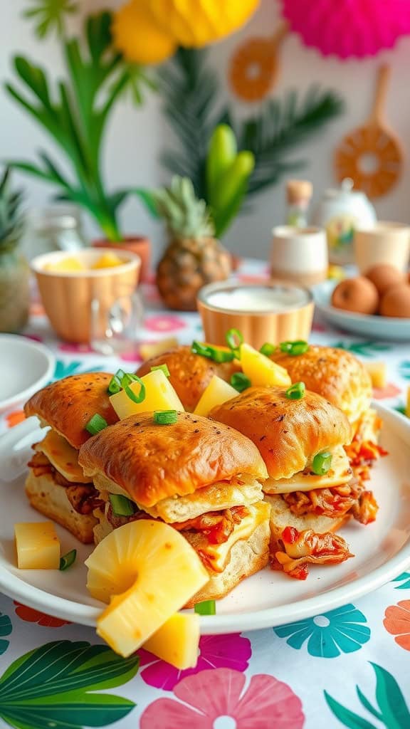 A plate of Hawaiian Roll Sliders filled with teriyaki chicken and pineapple, garnished with green onions.