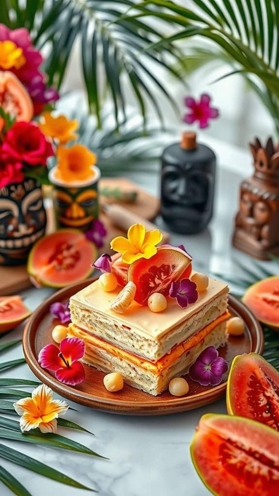 Guava cake bars served with fresh guava and tropical flowers.