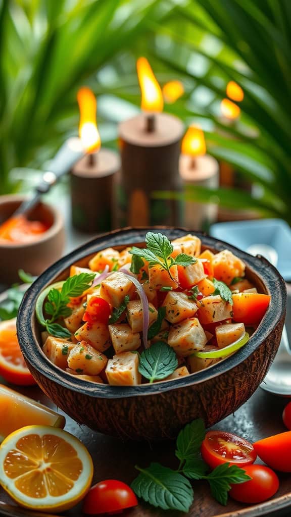 Lomi Lomi Salmon Salad with fresh vegetables and herbs