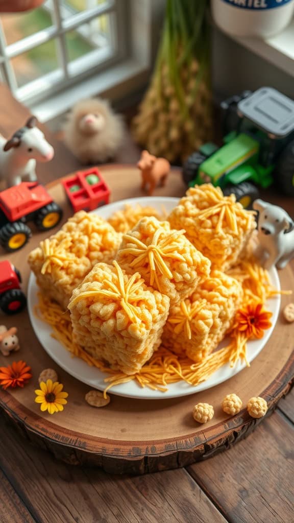 Hay Bale Rice Krispies treats styled as hay bales with shredded cheese on top.