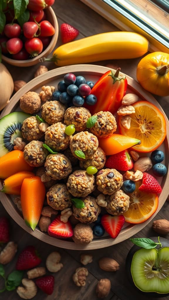 A platter filled with healthy energy bites and fresh fruits.