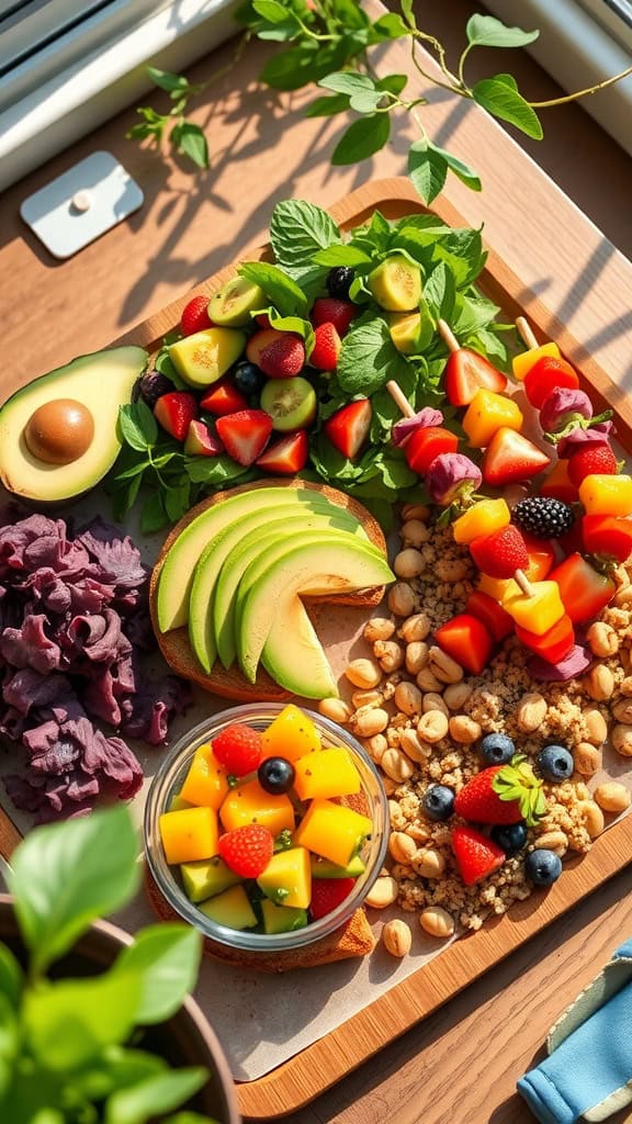 A colorful fruit platter featuring sliced avocado, strawberries, mango, blueberries, kiwi, and nuts, garnished with mint leaves.