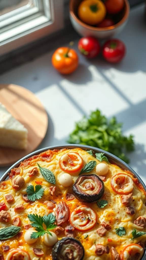 A colorful healthy casserole with garnishes and fresh ingredients.