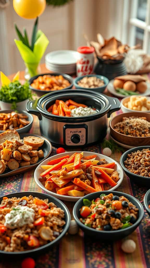 A vibrant display of healthy crockpot party food including various colorful vegetables.