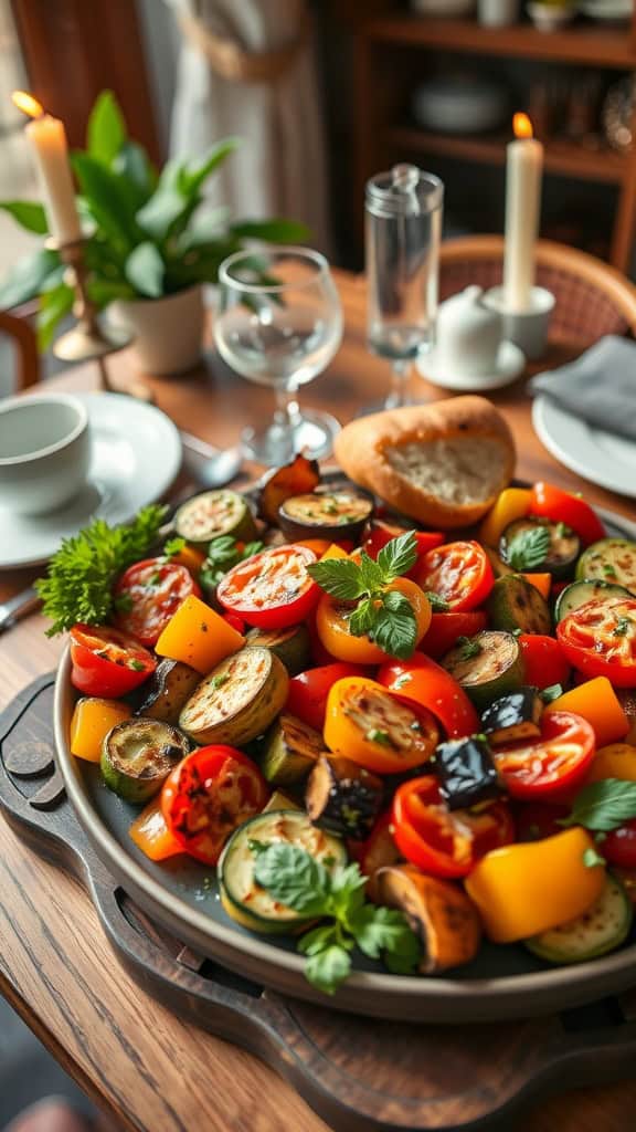 A colorful grilled veggie platter with various vegetables like zucchini, bell peppers, and tomatoes, garnished with fresh herbs.