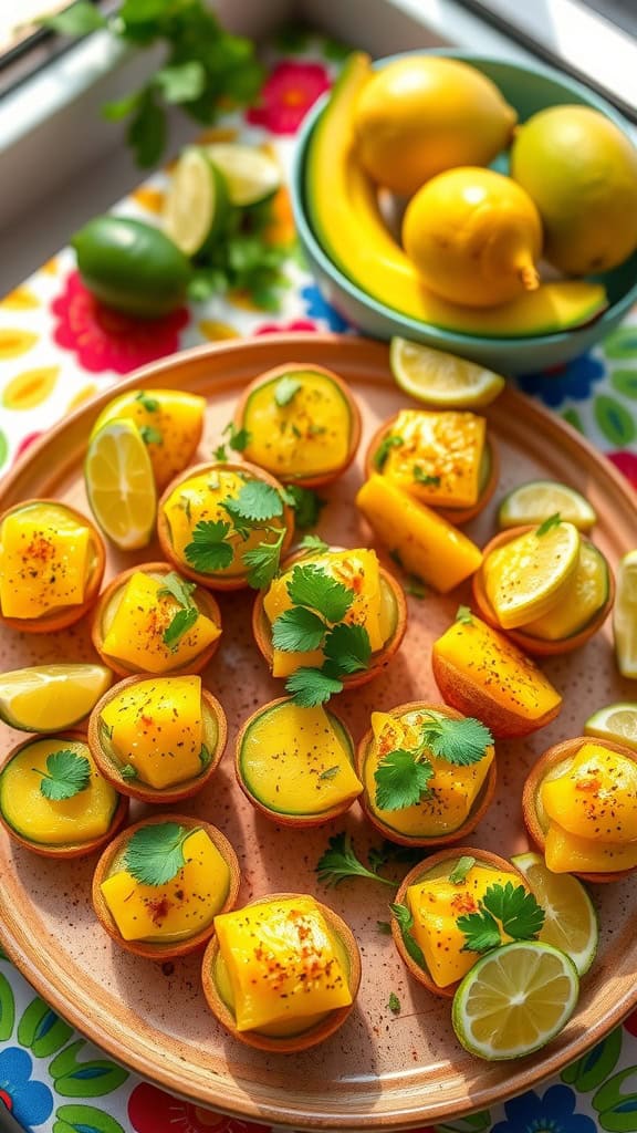 Fresh cucumber and mango bites sprinkled with Tajín seasoning and garnished with cilantro.