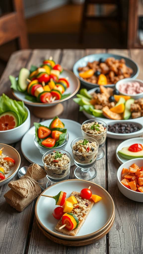 Colorful vegetable skewers with a dip on a table.